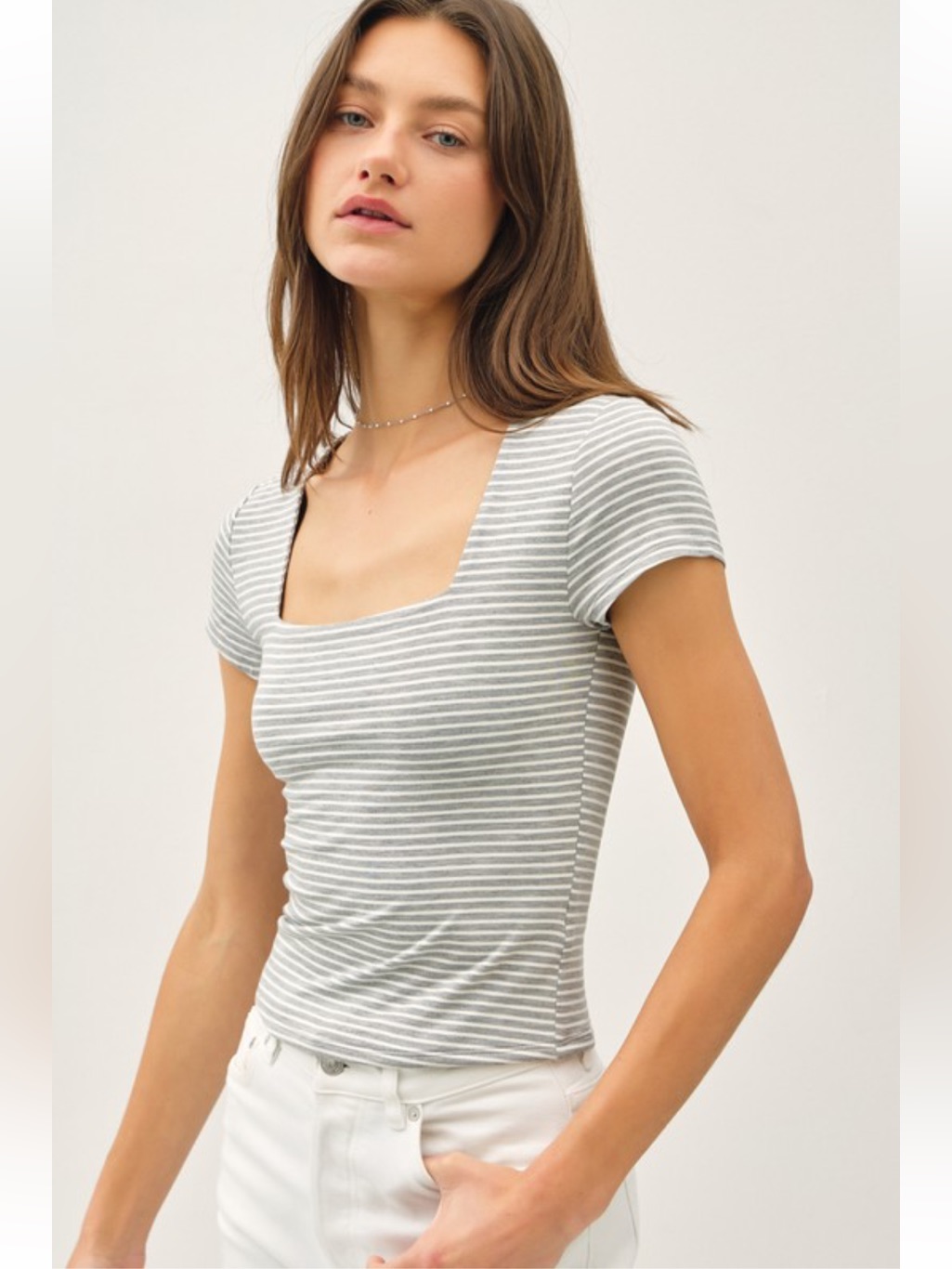 1419 Grey/Cream Stripe Rounded Square Neck Double Layer Stretch Top